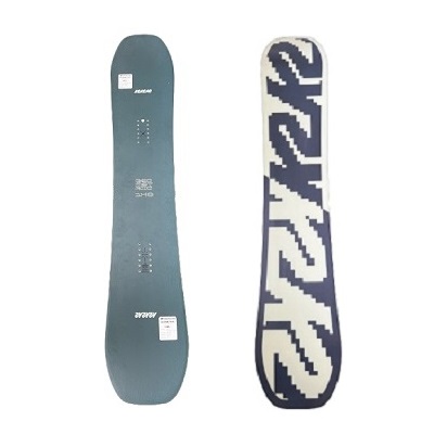 Two snowboards side by side: a blue-gray board with inserts and text on the left, and a white board with bold navy abstract lettering on the right.