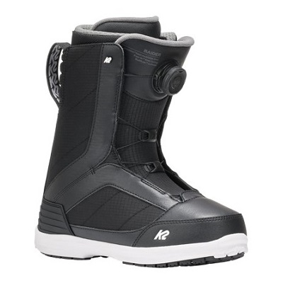 Black K2 snowboard boot with a white sole, featuring a Boa dial and side lacing for precise tightening.