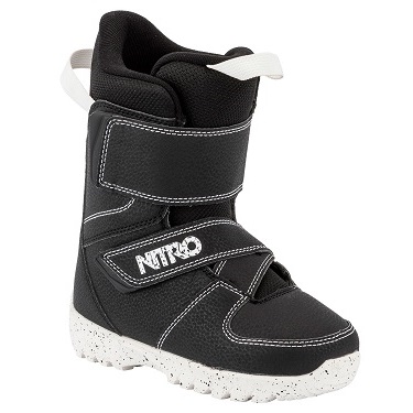 Black kids' ski boot with two Velcro strap closures and a white-speckled sole, featuring a Nitro logo on the strap