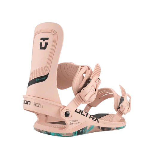 Pink snowboard binding with adjustable straps and high back, isolated on a white background.