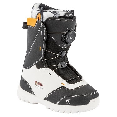White and black snowboard boot with orange accents, featuring a Boa dial and lace system (side view).