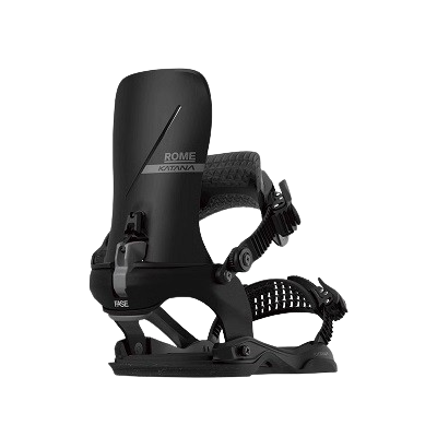 Rome Katana snowboard binding in black, side view showing highback, ankle/toe straps and ratchets