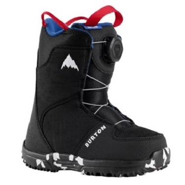 Burton black snowboard boot with red pull loops and Boa dial lacing system, rugged tread outsole.