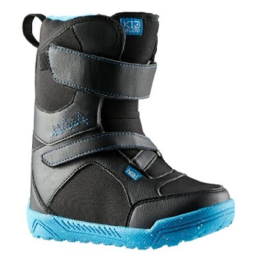 Black kids' winter boot with blue sole and two Velcro straps, designed for cold weather and play outdoors.