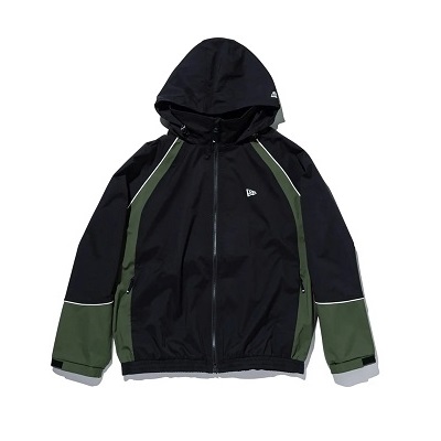 Black hooded windbreaker with olive green panels along sleeves and sides, front zipper.
