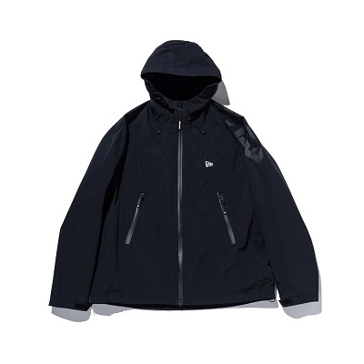 Black hooded windbreaker with front zipper and two zip pockets; small logo on chest.