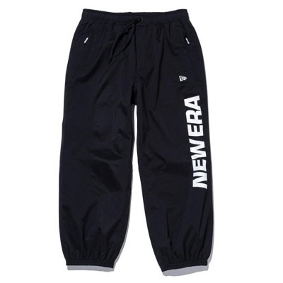 Black jogger pants with elastic waistband and cuffs, vertical white 'NEW ERA' logo on the right leg