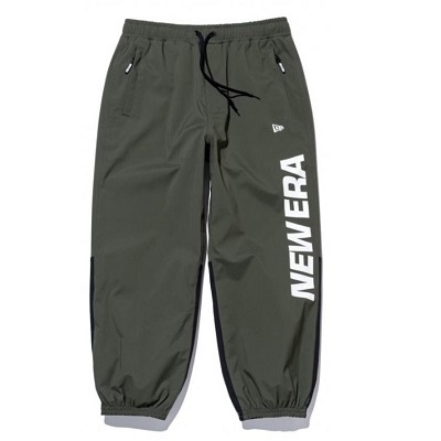 Olive green jogger pants with a black drawstring, zip pockets, and the vertical NEW ERA logo on the right leg.