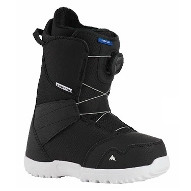 Black Burton snowboard boot with a Boa dial closure, black upper and white sole, shown in side view.