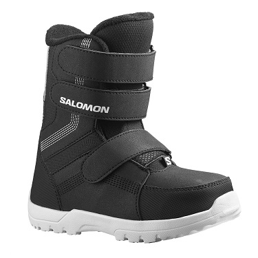 Black Salomon winter boot with three Velcro straps, padded ankle, and a white rugged sole.