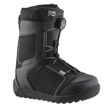 Black and gray snowboard boot with a BOA dial, padded ankle support, and rugged tread