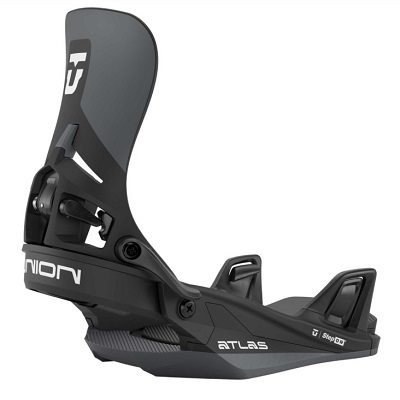 Black Union Atlas snowboard binding in side profile with highback and baseplate.