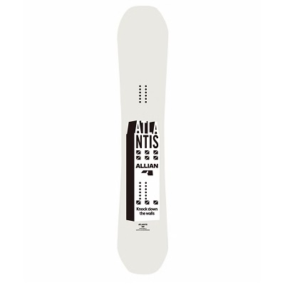 White snowboard standing upright with a bold black vertical graphic and the text 'ATLANTIS' and 'Knock down the walls' on the center panel.
