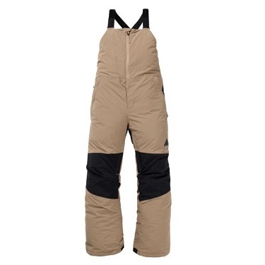 Beige ski bibs with black knee patches and black suspenders, full-length insulated snow pants for winter wear.