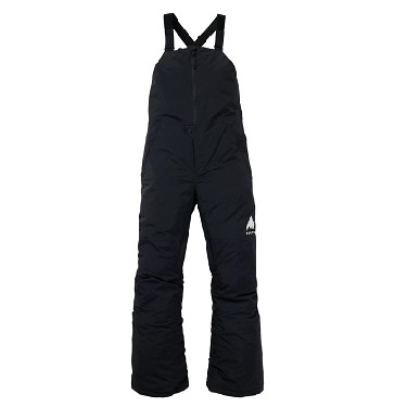 Black insulated snow bib pants with adjustable suspenders and zip front, featuring a small logo on the left leg