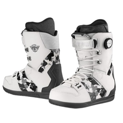 Pair of white snowboard boots with black and gray camo accents and a Boa dial closure, shown at a three-quarter angle on a white background.
