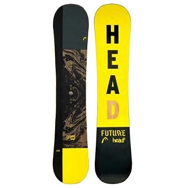 Pair of HEAD snowboards standing upright: one black with yellow accents and graphic, the other bright yellow with bold 'HEAD' lettering and 'Future Head' branding.