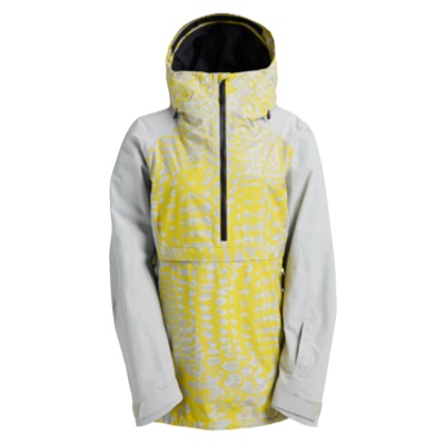 Hooded windbreaker with a yellow patterned front, light gray sleeves, and a dark interior hood; half-zip front
