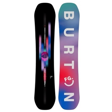 Two snowboards standing upright: left is black with a colorful vertical graphic, right is a blue-to-purple gradient with the word BURTON in white letters.