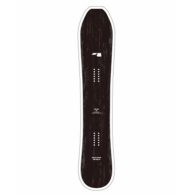 Dark wooden snowboard with white edging, shown front-on on a white background.