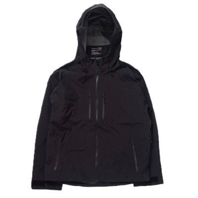 Black hooded jacket with front zipper and zip pockets on chest and sides; outdoor windbreaker style.