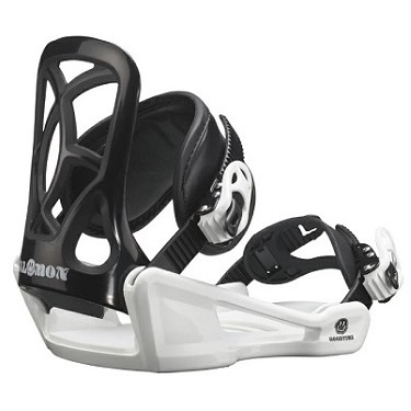Snowboard binding with a black highback, white baseplate, and strapped bindings attached to a white plate.