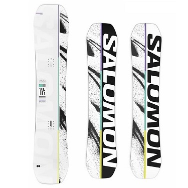Three Salomon snowboards standing upright; white boards with black/graphic accents and bold SALOMON lettering visible.