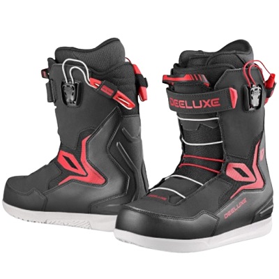 Pair of black Deeluxe snowboard boots with red accents and buckles, shown from front and side.