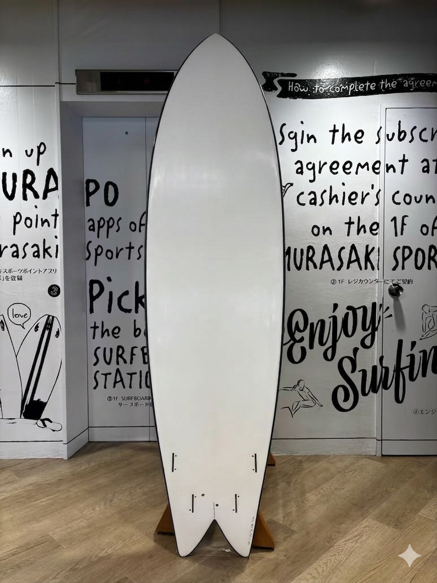 Tall white surfboard standing upright on a wooden rack in a shop with bold black wall art and text in the background.