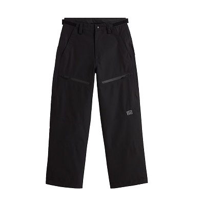 Black outdoor hiking pants with zippered side pockets and a small logo on the left thigh.