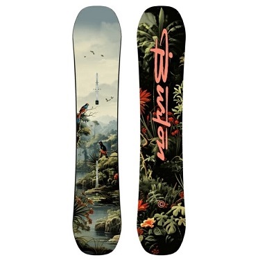 Two snowboards with nature-themed artwork; the left board shows a lighthouse and birds, the right board has tropical plants and pink script text showpiece side by side.