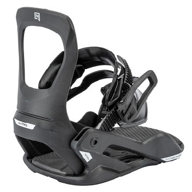 Snowboard binding in dark gray with highback, straps, and ratchet buckles shown from a side angle