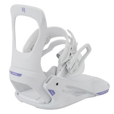 White Nitro snowboard binding with highback, ankle strap, and toe strap