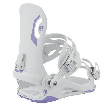 Snowboard binding with white frame and purple accents, viewed from side, showing ankle strap and ratchets for securing the boot.