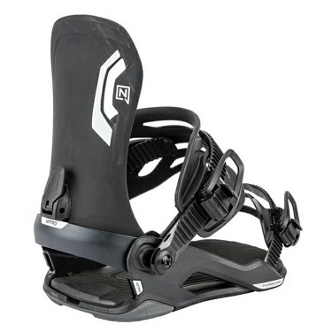 Black snowboard binding with adjustable straps and ratchet buckles, featuring a highback and baseplate.
