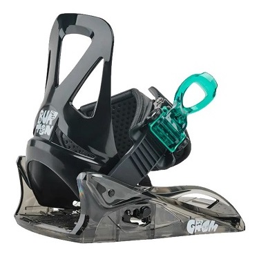Snowboard binding with black highback, ankle strap, and turquoise toe strap, seen from the side on a white background.