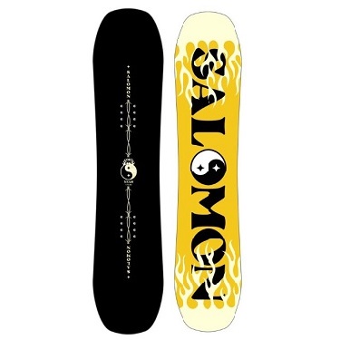 Two snowboards placed upright side by side: a black board with white vertical decorative markings on the left, and a yellow board featuring the bold 'ANON' logo with flame graphics on the right.