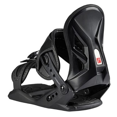 Black snowboard binding with padded ankle strap and highback, ready to mount on a board