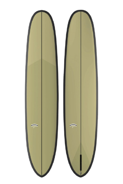 Two olive-yellow surfboards placed side by side, viewed from above, showing black rails and minimal logos.