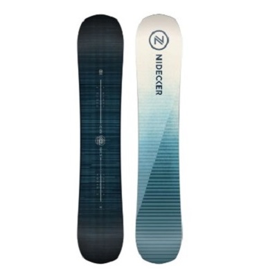 Pair of snowboards standing upright: left board with a dark blue gradient and vertical measurement marks, right board with a light blue gradient and geometric stripes (brand logo near the top).