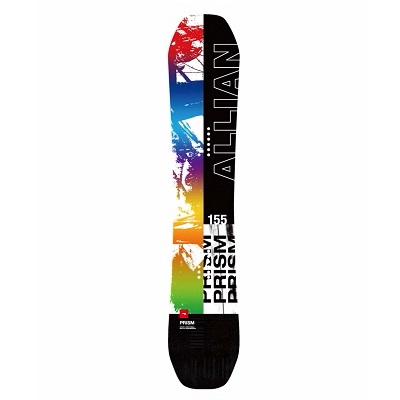 Snowboard upright with a rainbow splash graphic along the center, black edges, and vertical branding text on the right.