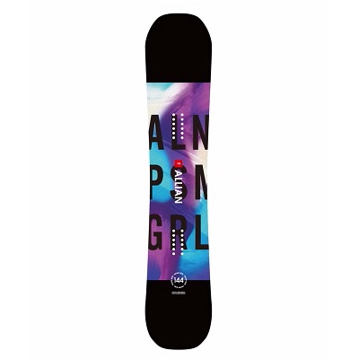 Snowboard with black tips and a vibrant purple-blue graphic running down the center with bold lettering.