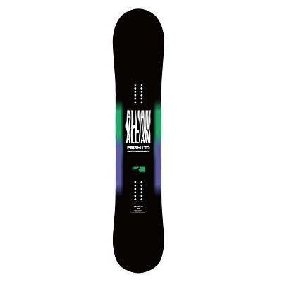 Snowboard with black top and bottom and a vertical rainbow gradient stripe with white branding text in the center.