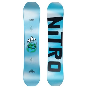 Two Nitro snowboard designs on a white background: left board shows a blue gradient with a mountain and green character graphic, right board features a large vertical 'NITRO' logo in black.