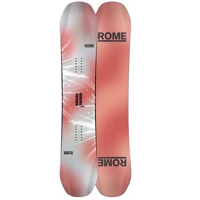 Pair of Rome snowboards side by side; one with a white-pink tie-dye pattern, the other solid pink, both with ROM E branding.