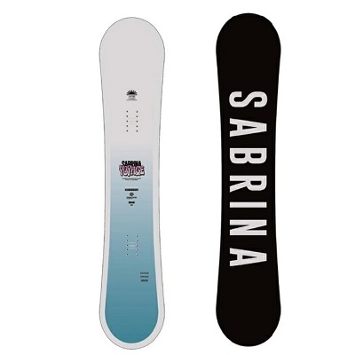 Two snowboards standing upright: left has a gray-to-teal gradient with a small logo; right is black with 'SABRINA' in white letters.