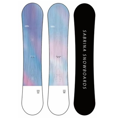 Three Sabrina snowboards: two gradient blue/purple tops with white bases, plus a black board with vertical 'SABRINA SNOWBOARDS' text.