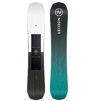 Two snowboards standing upright side by side: left board in white-to-dark gradient with a mounted binding area, right board in black-to-teal gradient with the Nidecker logo.