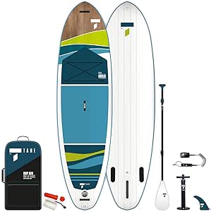 Two stand-up paddleboards with pump, leash, and travel backpack, ready for storage or transport.