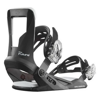 Snowboard binding with highback and ratchet straps, labeled The Future by Salomon, shown on a white background.